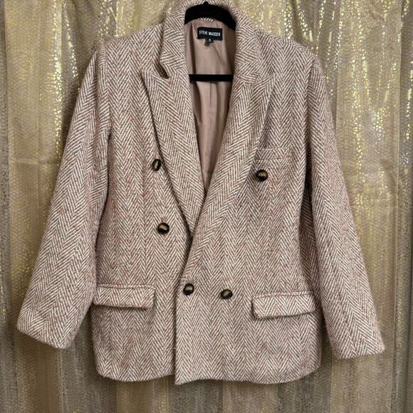Steve Madden Darcie Tweed Herringbone Cream Brown Blazer Jacket Small Used - Picture 1 of 13